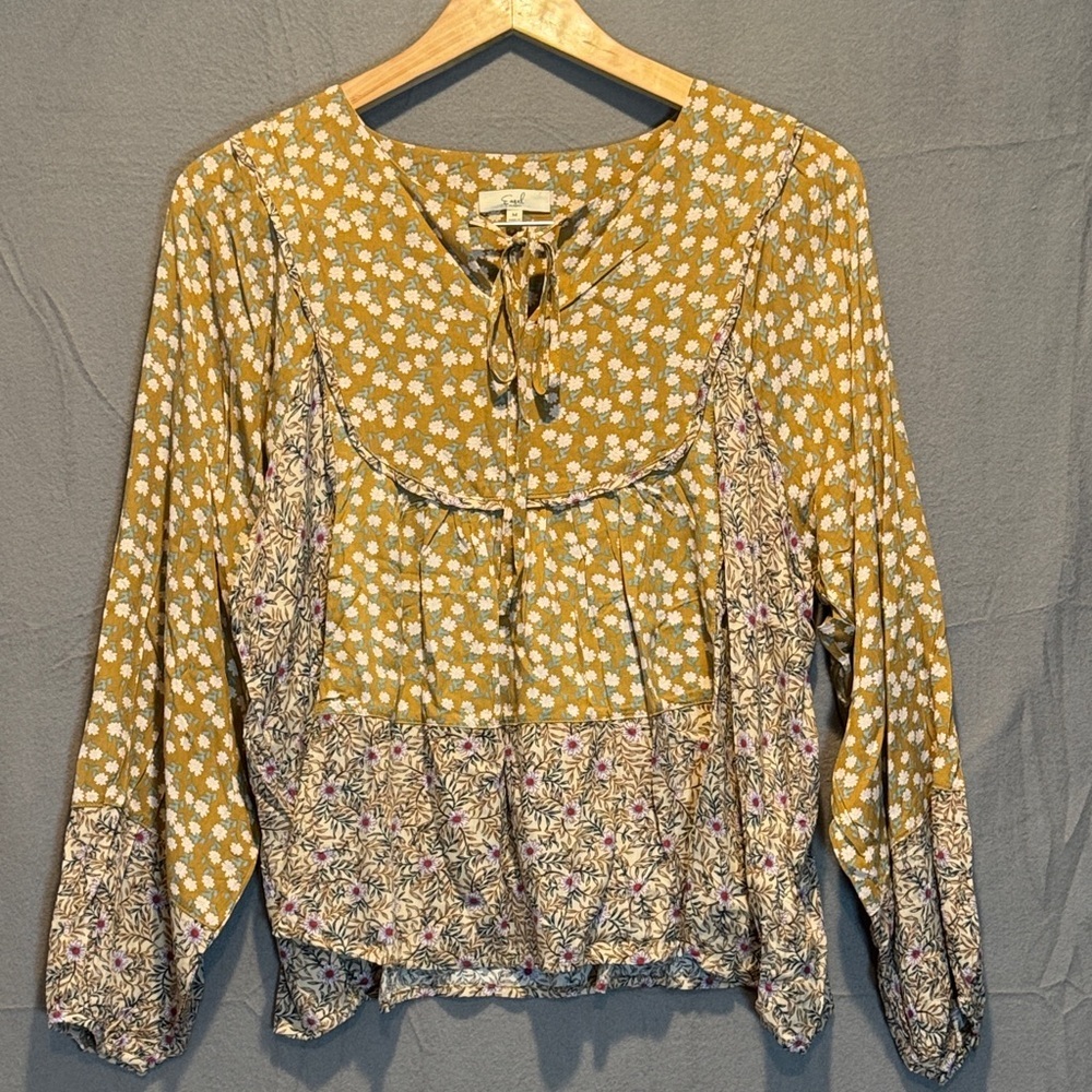 Easel Mustard Floral Blouse with Tie-Front